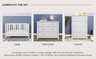 Three nursery furniture pieces are shown: the Child Craft Atwood 3-in-1 Euro Convertible Crib in Matte White, a matching dresser with decor, and a chest of drawers, all featuring chevron patterns and hexagonal knobs in a modern room.