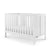 The Child Craft Atwood 3-in-1 Euro Convertible Crib in Matte White features vertical side slats, chevron-patterned end panels, a minimalist design, and includes a fitted white mattress.