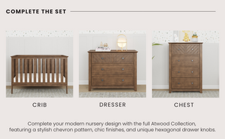 The Child Craft Atwood 3-Drawer Dresser in Cocoa Bean features a chevron pattern and hexagonal knobs, complementing modern nursery decor with its stylish design.