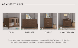 The Child Craft Kieran 6-Drawer Double Dresser in Toasted Chestnut features a herringbone pattern and sleek drawer pulls, shown here in a modern nursery with neutral decor.
