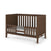The Child Craft Toddler Guard Rail in Toasted Chestnut features baby-safe finishes, a modern minimalist design with open side and back slats, a low front guard rail, and includes a white mattress.