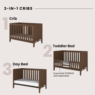 A graphic displays the Child Craft Kieran 3-in-1 Convertible Crib in Toasted Chestnut, shown in three numbered stages: crib, toddler bed with guard rail, and day bed. Each stage highlights its versatile 3-in-1 design.