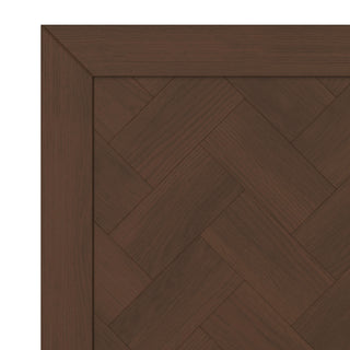 A close-up of the Child Craft Kieran 3-in-1 Convertible Crib in Toasted Chestnut shows its wooden surface with a dark brown herringbone pattern, bordered by a solid wood frame.