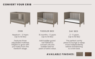 A set of Child Craft Kieran 3-in-1 Convertible Cribs in Crescent Gray with instructions.