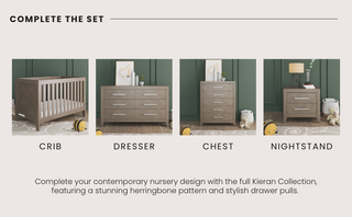 The Child Craft Kieran 6-Drawer Double Dresser in Crescent Gray features a modern herringbone pattern, silver drawer pulls, and coordinates with nursery furniture pieces shown against a green wall with decorative accents.