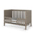 The Child Craft Toddler Guard Rail in Crescent Grey features safety rails on both sides, an open front, a modern design with vertical slats, and comes with a white mattress.