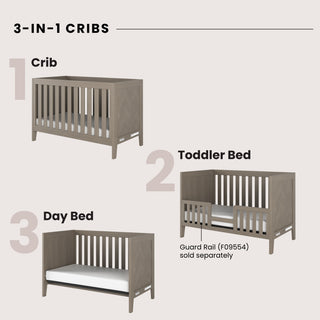 The Child Craft Kieran 3-in-1 Convertible Crib in Crescent Gray converts from a full crib to toddler bed (partial guard rail sold separately) and day bed. Text labels each configuration; all feature a matching Crescent Gray finish.