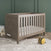 The Child Craft Kieran 3-in-1 Convertible Crib in Crescent Gray stands on a light patterned rug with white bedding. A teddy bear, white container, and plush bee toy add charm, while green walls with molding complete the modern nursery look.