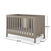 The Child Craft Kieran 3-in-1 Convertible Crib in Crescent Gray features vertical slats on all sides. Shown on a white background, its dimensions are 137 cm (L) x 75 cm (W) x 89 cm (H).
