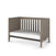 The Child Craft Kieran 3-in-1 Convertible Crib in Crescent Gray features a modern, minimalist design with solid side panels, an open front, vertical slats on the back, and includes a white mattress.