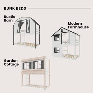 Three themed bunk beds are shown: a black and white Rustic Barn, a modern farmhouse bunk with a slanted roof, and the Child Craft Garden Cottage Twin over Twin Bunk Bed in beige with a scalloped awning and window shutters.