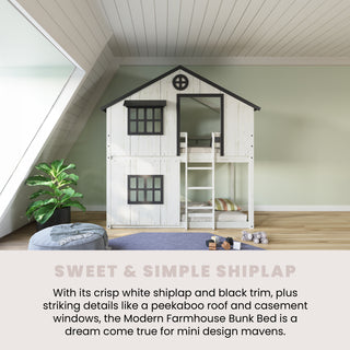 The Child Craft Modern Farmhouse Twin Over Twin Bunk Bed in White/Black features shiplap and a playhouse design, adding cozy, modern style to a bright kids’ room with green walls, slanted ceiling, pouf, and books.