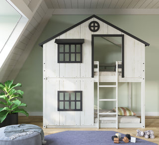 The Child Craft Modern Farmhouse Twin Over Twin Bunk Bed in white and black is featured in the room.