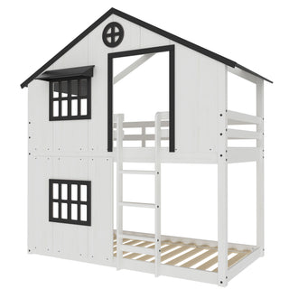 The Child Craft Modern Farmhouse Twin Over Twin Bunk Bed in White/Black features a house-inspired design with black trim, windows, an open upper area, ladder, and sloped roof.