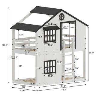 The Child Craft Modern Farmhouse Twin Over Twin Bunk Bed in white and black features a wooden playhouse design with windows, ladder, and black roof. All dimensions, including width, height, depth, and interior spaces, are clearly marked.