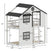 The Child Craft Modern Farmhouse Twin Over Twin Bunk Bed in white and black features a wooden playhouse design with windows, ladder, and black roof. All dimensions, including width, height, depth, and interior spaces, are clearly marked.