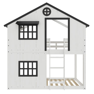 The Child Craft Modern Farmhouse Twin Over Twin Bunk Bed in white and black features a pitched roof, ladder, open front, bunk area, and multiple windows for a house-like look.