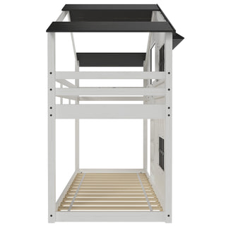 The Child Craft Modern Farmhouse Twin Over Twin Bunk Bed in White/Black features a house-like design with a black roof, window-style cutouts, and slatted supports, shown here from the end.