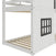 Close-up of the Child Craft Modern Farmhouse Twin Over Twin Bunk Bed in white/black, showing the white wooden frame with slats and a black window accent on the lower panel. Plain white background.