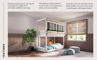 A cozy kids’ room showcases the Child Craft Garden Cottage Twin over Twin Bunk Bed, with a house-style top, low Montessori bottom bunk, ladder, plant, and window blinds. Feature details are listed beside the image.