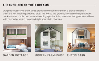 Three themed children’s bunk beds are featured: a pastel garden cottage, a rustic barn with blue accents, and the cozy, playful Modern Farmhouse Twin Over Twin Bunk Bed in White/Black by Child Craft.