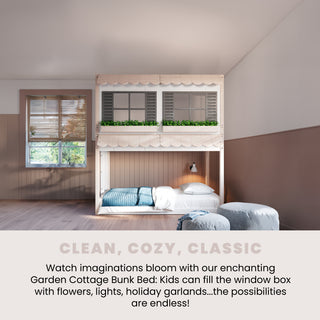 A cozy bedroom showcases the Child Craft Garden Cottage Twin over Twin Bunk Bed, featuring a window box of greenery, lower bed, and soft bedding against pastel walls and a large sunlit window. Text highlights the bed’s imaginative possibilities.