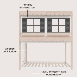 The Child Craft Garden Cottage Twin over Twin Bunk Bed features a partially enclosed roof, black shuttered windows, wooden bunk ladder, low Montessori-style bottom bunk with slats, and comes in light wood and white tones.