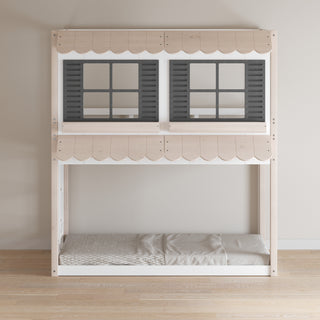 The Child Craft Garden Cottage Twin over Twin Bunk Bed features scalloped edges, two black faux windows on the upper bunk, and a lower bed with a light mattress and knitted blanket, all set against a beige wall.