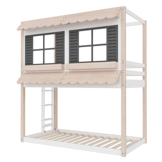 The Child Craft Garden Cottage Twin over Twin Bunk Bed features a house-inspired design with light wood and white accents, two black window frames with shutters on the upper bunk, and a left-side ladder.