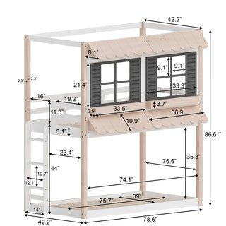 The Child Craft Garden Cottage Twin over Twin Bunk Bed features a playhouse design with a left-side ladder, windows with shutters, and a roof. All parts include labeled dimensions in inches.