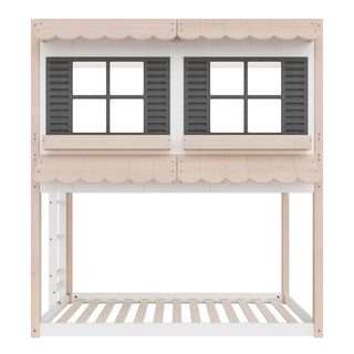 The Child Craft Garden Cottage Twin over Twin Bunk Bed features a house-inspired design with scalloped roof edges, two large faux windows with black shutters, an open lower bunk area, and a blend of natural wood and white-painted finishes.