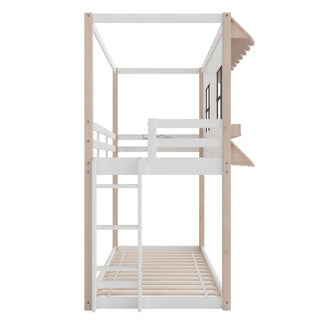 A side view of the Child Craft Garden Cottage Twin over Twin Bunk Bed shows a white frame, ladder, roof-like top bunk, open slats on both levels, and a playhouse-style window on the upper bunk.