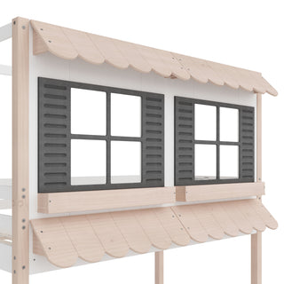 The Child Craft Garden Cottage Twin over Twin Bunk Bed features a wooden playhouse facade with black window frames and shutters, white wall panels, and scalloped natural wood awnings for a charming cottage look.