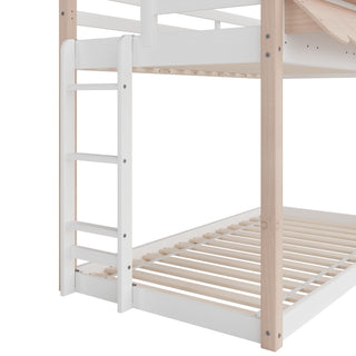 A close-up of the Child Craft Garden Cottage Twin over Twin Bunk Bed shows upper and lower slatted beds, a side white vertical ladder, and a frame with natural wood and white-painted finishes.