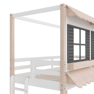 A close-up of the Child Craft Garden Cottage Twin over Twin Bunk Bed, styled like a playhouse with a white frame, ladder, black window shutters, and peaked roofs above and below the window.