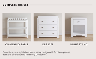 Three white nursery pieces are shown: the Child Craft Flat Top Baby Changing Table in Matte White with open shelves, a 3-drawer dresser, and a nightstand—all from the Harmony Collection with baby-safe finishes for nursery storage.