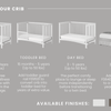 A graphic displays the Child Craft Toddler Guard Rail in Matte White, showing its sturdy wood build and use with a convertible crib that transforms into toddler, day, and full beds; includes age, weight limits, and available matte white finish.