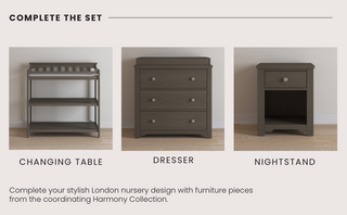 Three dapper gray nursery pieces offer versatile storage: the Child Craft Flat Top Baby Changing Table with open shelves for a changing pad, a three-drawer dresser, and a one-drawer nightstand, all set against a neutral wall.