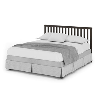 The Child Craft London 4-in-1 Convertible Crib in Dapper Gray features a sleek slatted headboard, complemented by white sheets and pillows, a light gray blanket, and a matching bed skirt for a timeless modern look.