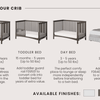 A graphic shows the Child Craft Toddler Guard Rail in Dapper Gray converting a crib into four forms—crib, toddler bed (with guard rail), day bed, and full bed—highlighting descriptions, age ranges, weight limits, and available finishes.