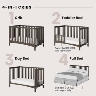 A graphic displays four stages of the Child Craft London 4-in-1 Convertible Crib in Dapper Gray: crib, toddler bed with guard rail, day bed, and full bed. Features baby-safe finishes; bed rails and guard rail sold separately.