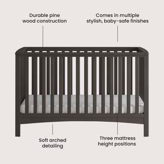 The Child Craft London 4-in-1 Convertible Crib in Dapper Gray features slatted sides, soft arches, adjustable heights, and durable pine with baby-safe finishes. Text highlights each feature around the crib.
