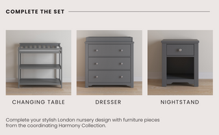 The Child Craft Harmony 3-Drawer Dresser with Changing Table Topper in cool gray offers versatile nursery storage, featuring three drawers and an integrated changing table, shown here on a light wood floor.