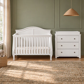 Child Craft Camden 2-Piece Nursery Set With Crib and Dresser featuring a white convertible crib and a matching 3-drawer dresser with a changing table topper.