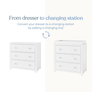 A 3-drawer dresser from the Child Craft Camden 2-Piece Nursery Set With Crib and Dresser transitioning into a changing table topper setup.