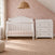 Child Craft Camden 2-Piece Nursery Set with a white convertible crib and matching three-drawer dresser with a changing table topper.
