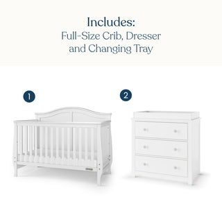 Camden 2-Piece Nursery Set With Crib and Dresser featuring a white convertible crib labeled 1 and a white 3-drawer dresser with a changing table topper labeled 2, with text above stating they are included.