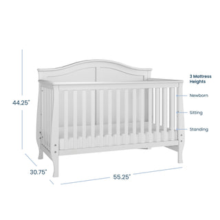White Camden 2-Piece Nursery Set With Crib and Dresser convertible crib with dimensional labels showing a height of 44.25 inches, a depth of 30.75 inches, a width of 55.25 inches, and three mattress positions for newborn, sitting, and standing.