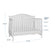 White Camden 2-Piece Nursery Set With Crib and Dresser convertible crib with dimensional labels showing a height of 44.25 inches, a depth of 30.75 inches, a width of 55.25 inches, and three mattress positions for newborn, sitting, and standing.