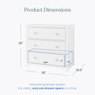 White 3-drawer dresser from the Child Craft Camden 2-Piece Nursery Set, measuring 35 inches high, 38 inches wide, and 20.5 inches deep, featuring an interlocking drawer system that allows only one drawer to open at a time.